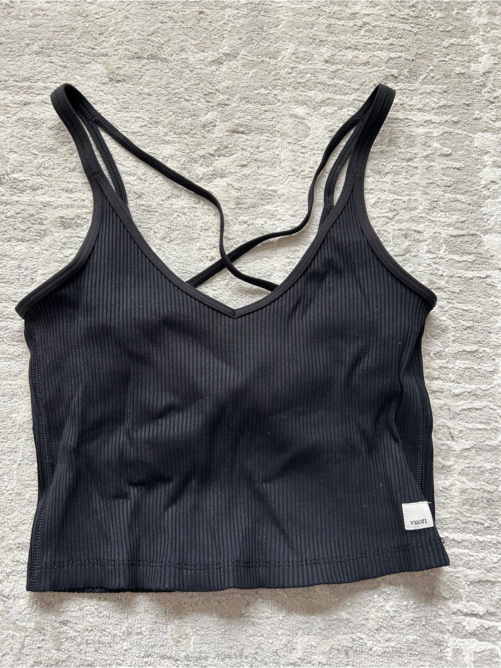 Vuori black ribbed tank with shelf bra and x back straps